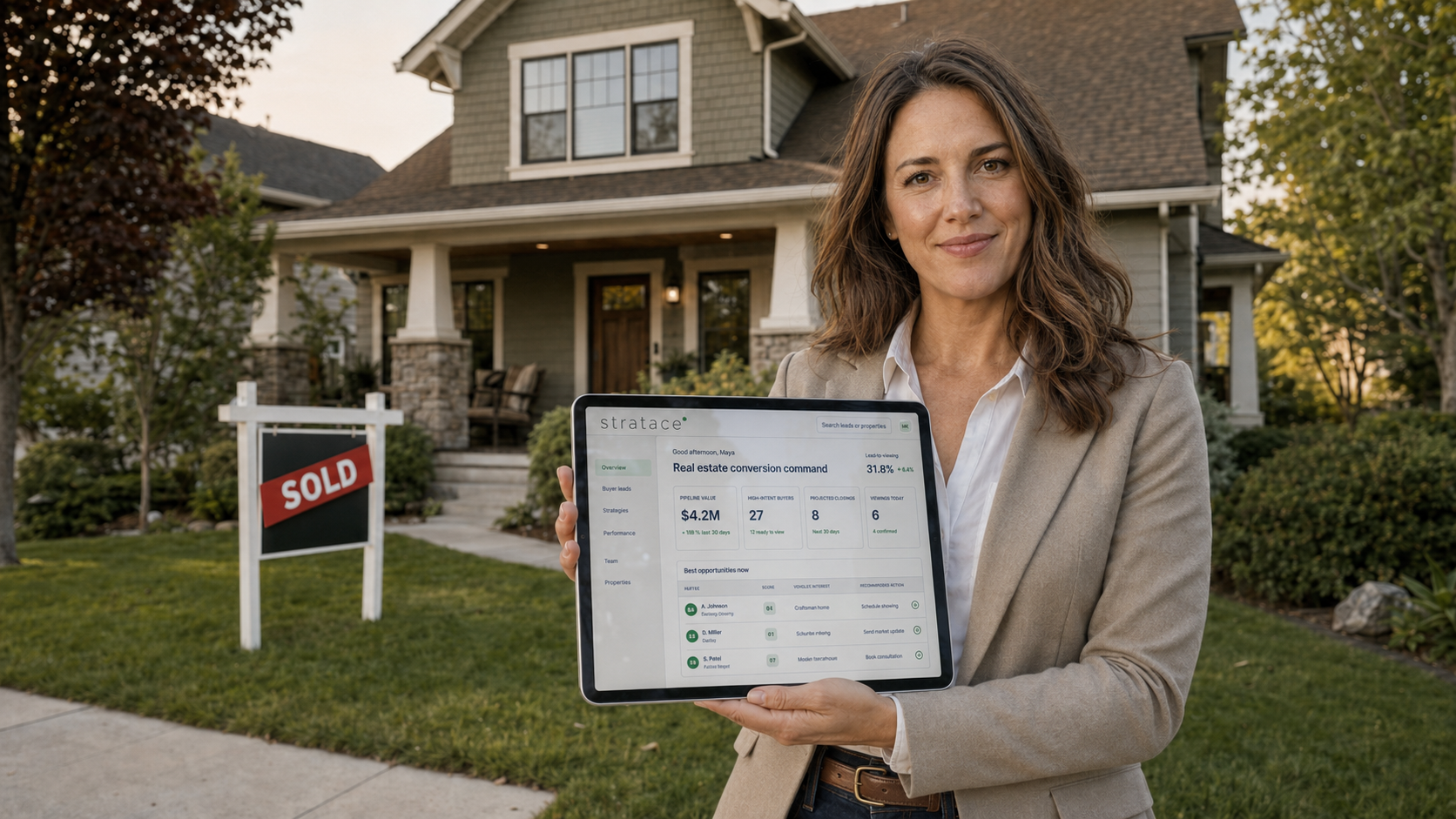 Real estate agent using the Stratace buyer opportunity dashboard outside a sold home